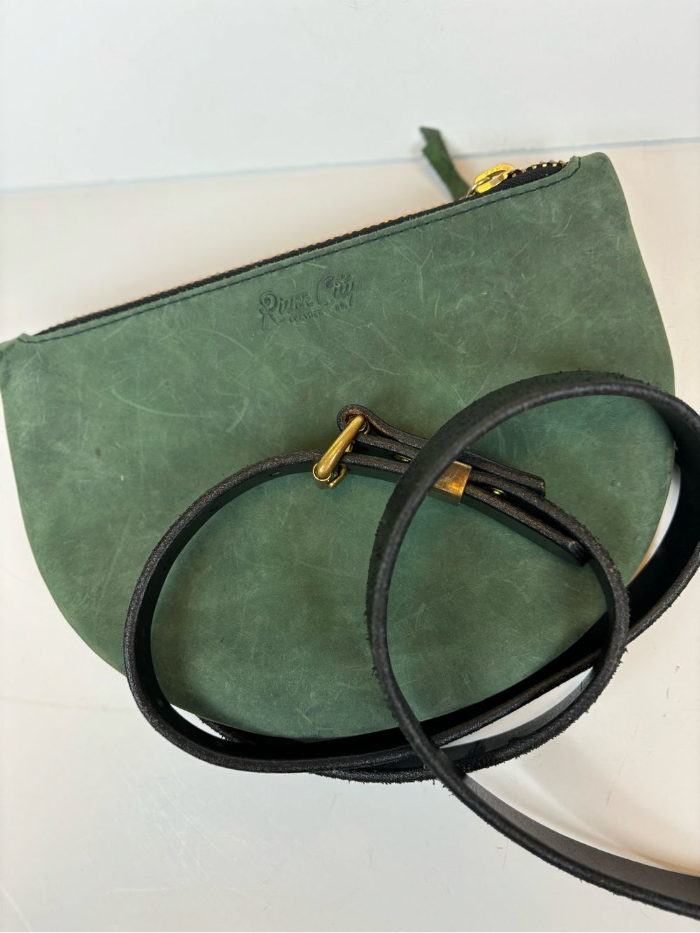 River City “Frances” Moss Green Leather Crossbody Half-Moon Bag